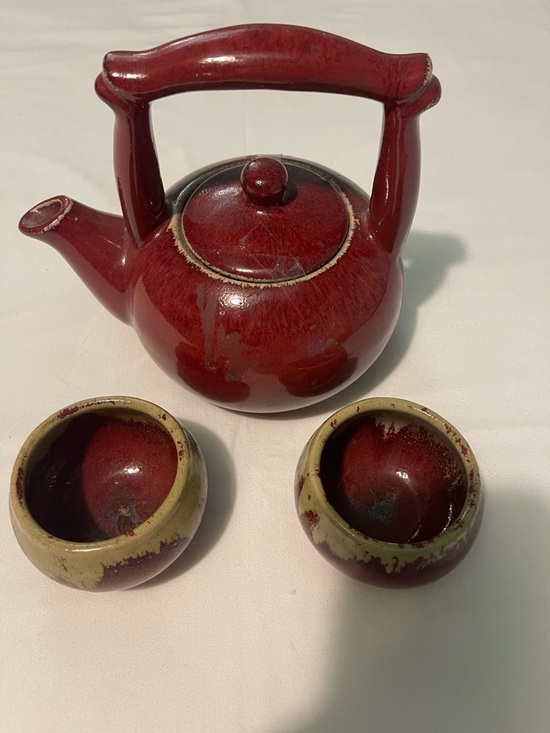 Other - Red Ceramic Teapot Set with Matching Cups - Japanese Art Pottery